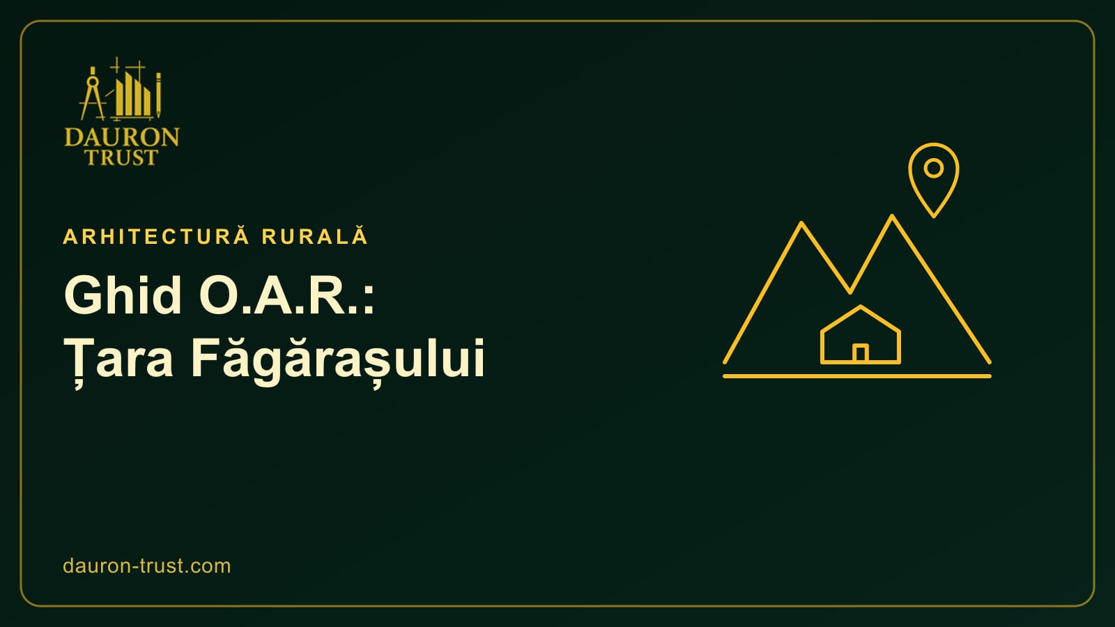 Munți, casă și pin de locație, simbol pentru ghidul O.A.R. al Țării Făgărașului