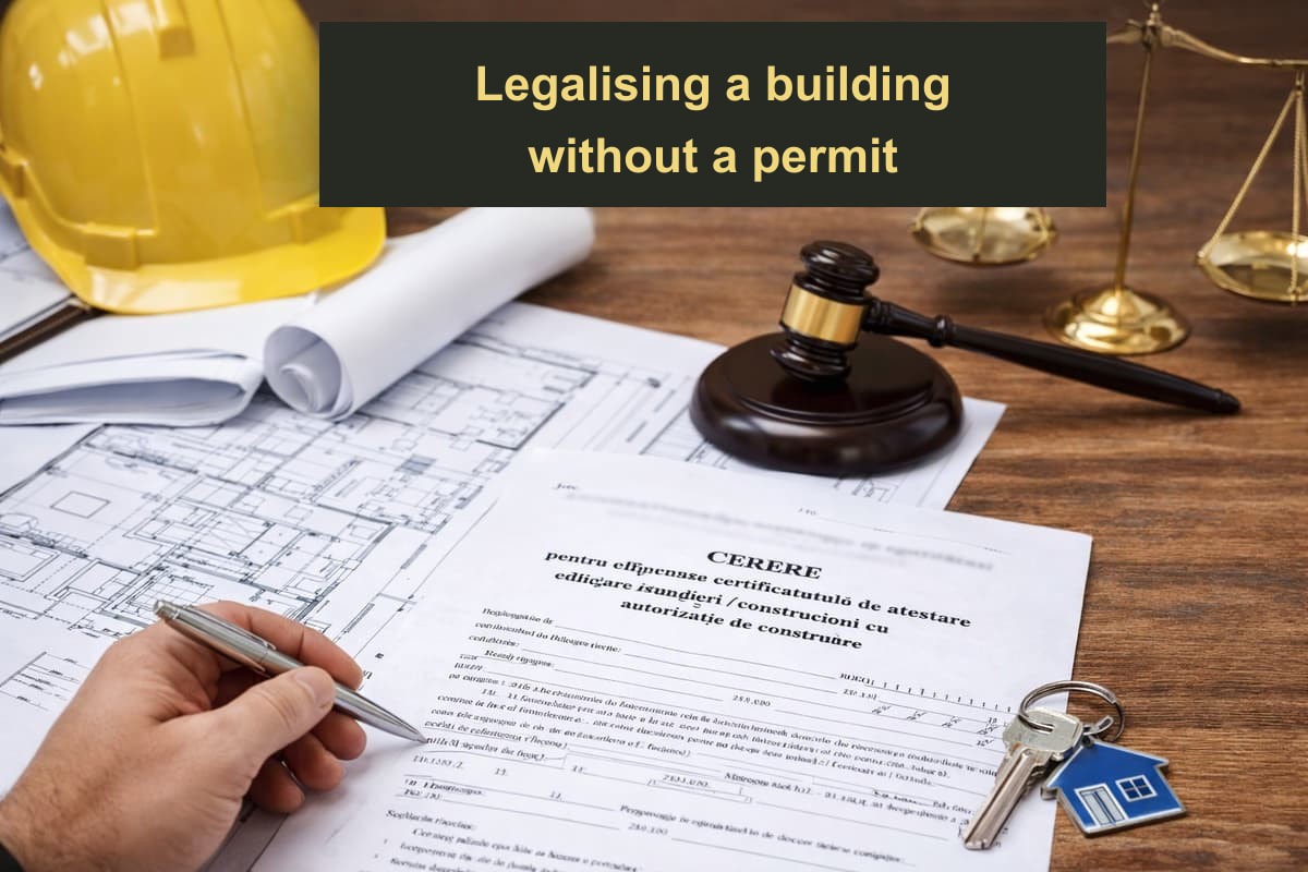 Hard hat, architectural plan and documents for regularising a building