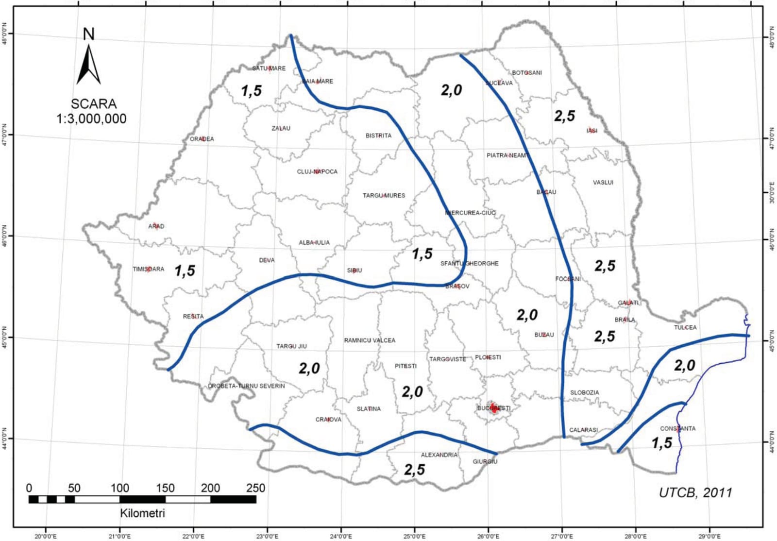 Harta de zonare a încărcării din zăpadă pe sol în România, cu zone de 1,5, 2,0 și 2,5 kN/m², din CR 1-1-3/2012